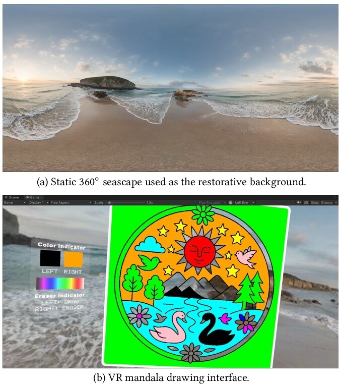 VR mandala drawing inside a static 360-degree natural seascape