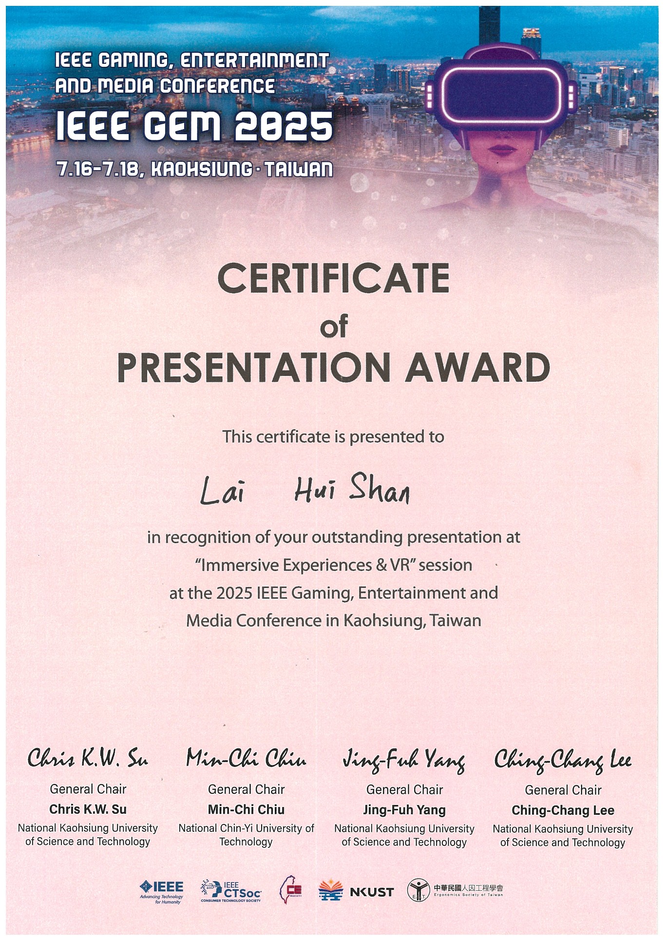 IEEE GEM 2025 Presentation Award certificate presented to Lai Hui Shan