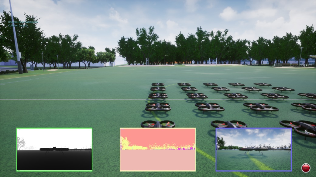 Twenty-five quadrotor UAVs generated in the AirSim digital-twin environment with three onboard sensor views
