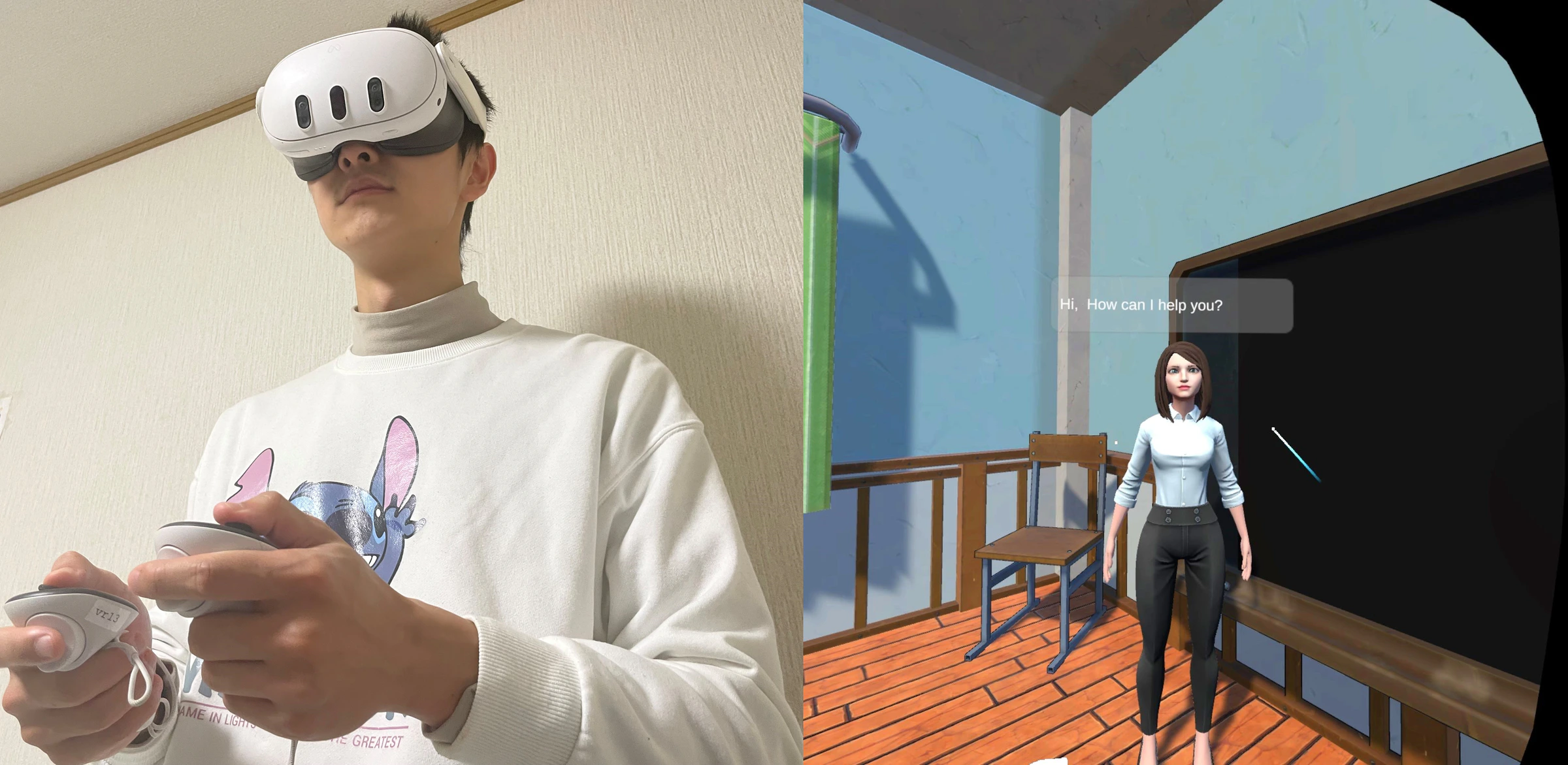 Quest 3 user beside a first-person view of the VR Math Bridge classroom and AI assistant